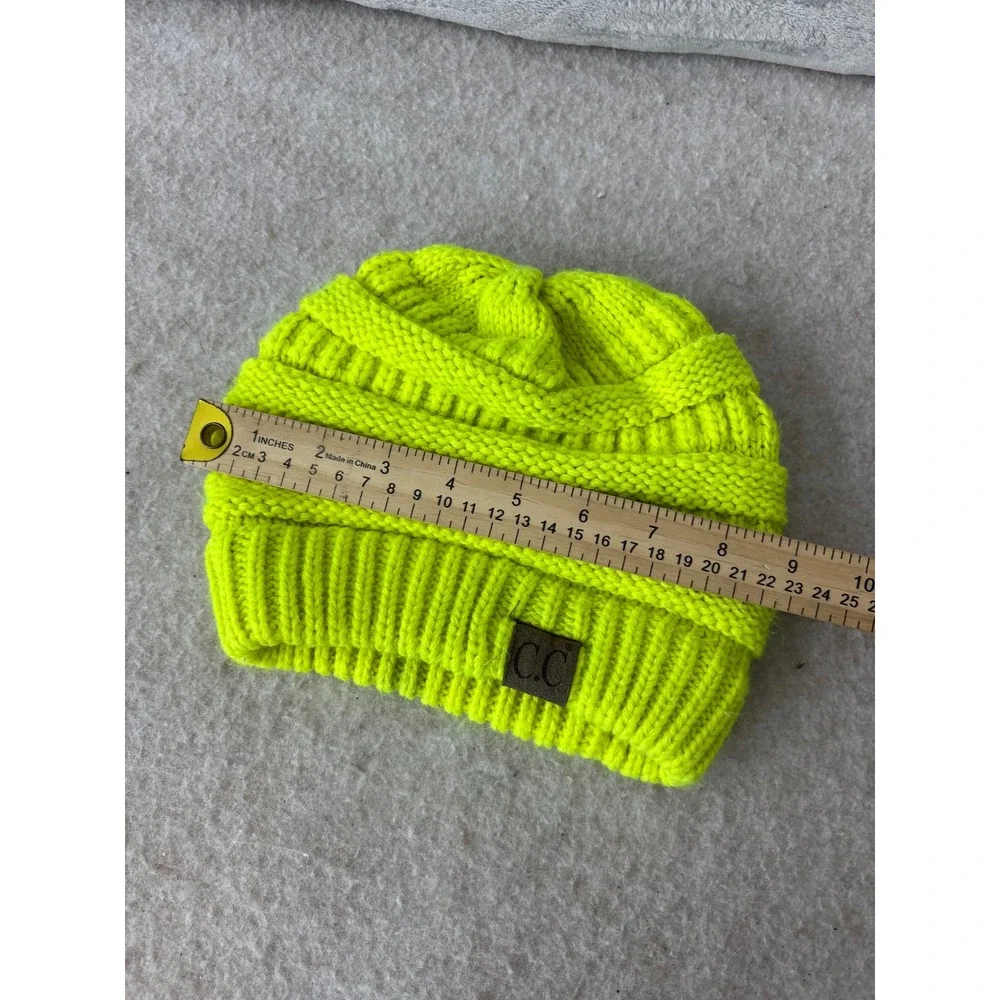 C.C Beanie Hat Neon Yellow Lime Green Cable Knit Ribbed Cuff Winter Cap 1564
